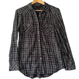 Rock & Republic Button Front Studded Pockets Shirt Plaid Women's L Gothic Grunge